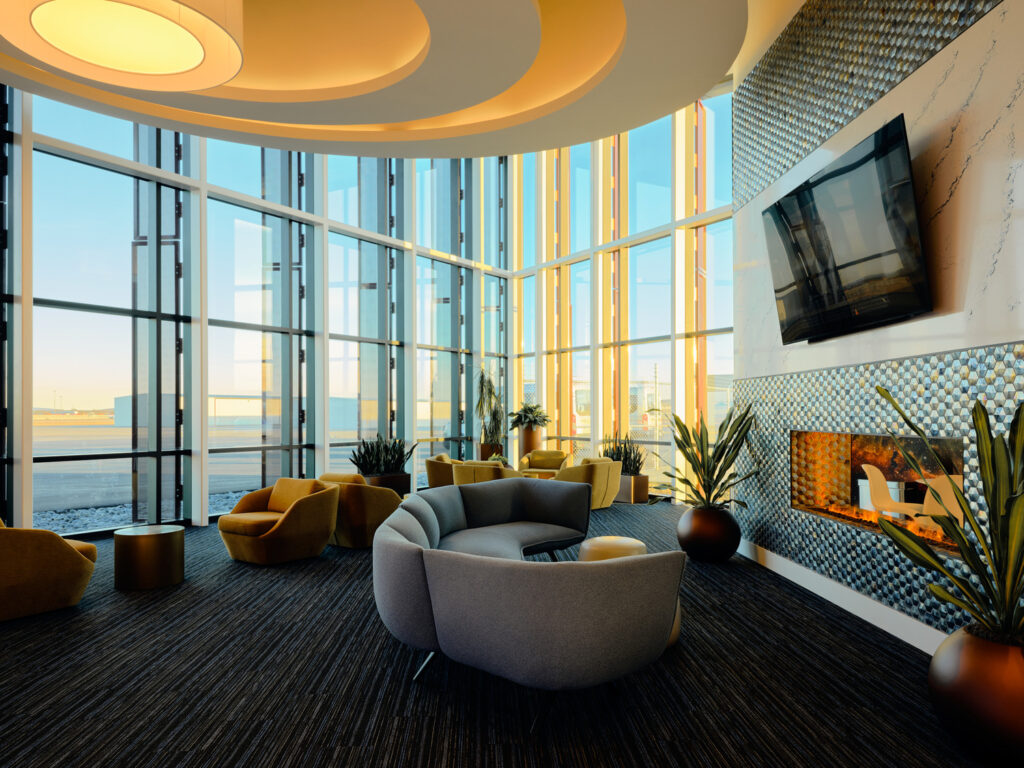yonkers industries construction management - Interior view of the Signature Aviation terminal showcasing modern design elemen