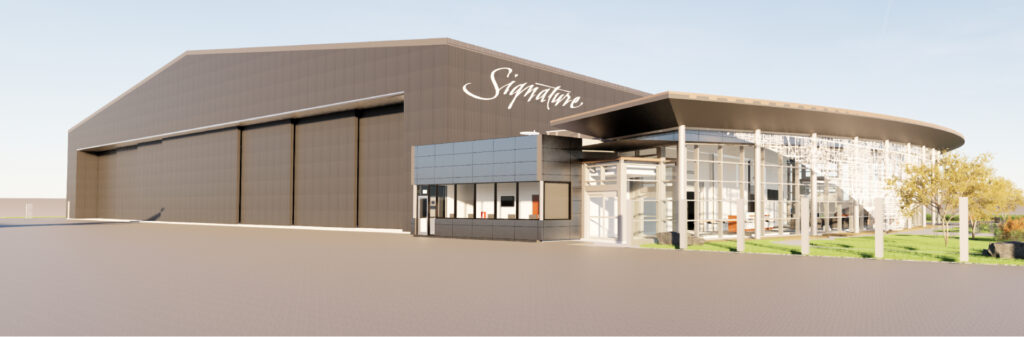 A modern hangar at DSM, showcasing sleek architecture and large glass windows, highlighting the airport's facilities.
